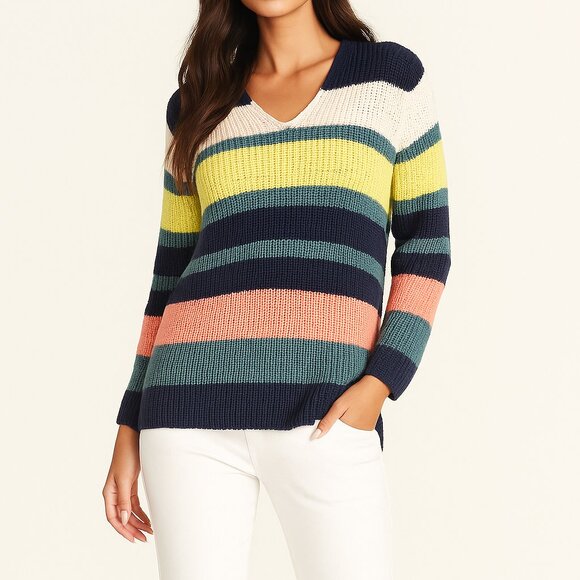 ANN TAYLOR MULTICOLOR STRIPED PREPPY OVERSIZED CLASSIC CHUNKY SWEATER SZE: M NWT - Picture 6 of 6